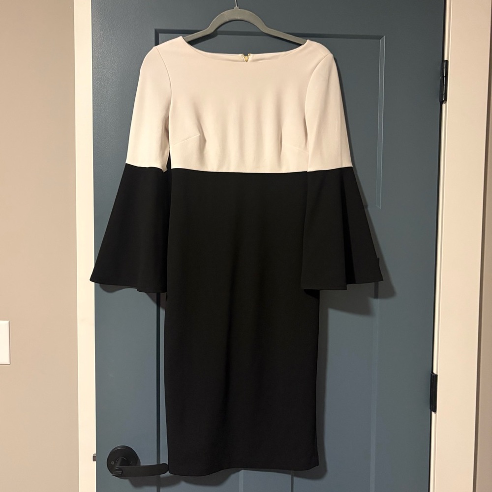 Calvin Klein Blavk and White Midi Dress with Bell Sleeves